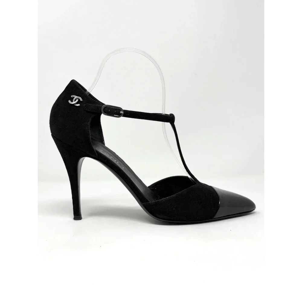 Chanel Black Suede Patent Cap Toe T-Strap Pumps CC Logo Heels 40